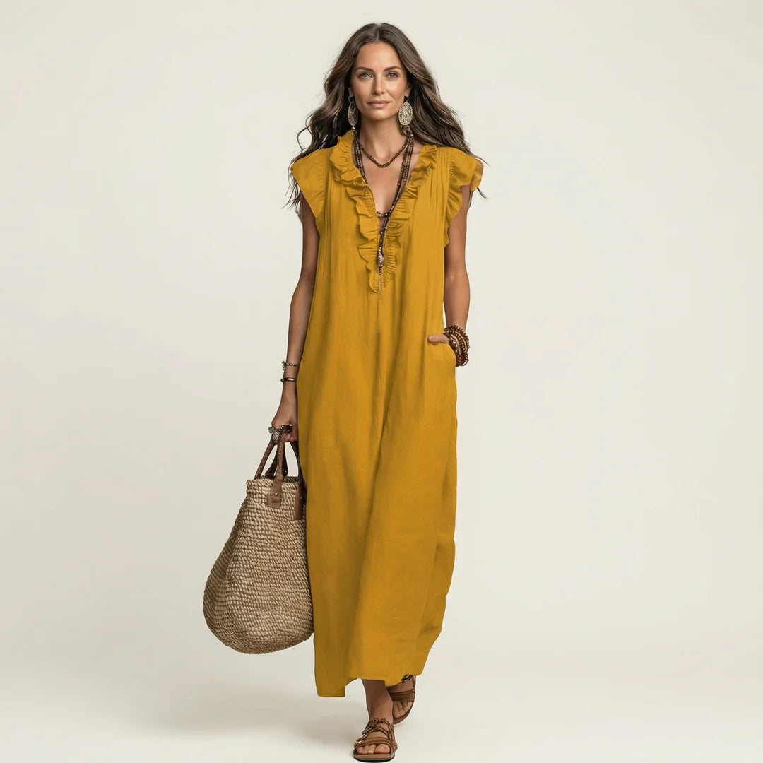 # Josette | Abito Maxi in Lino con Scollo a V e Volant