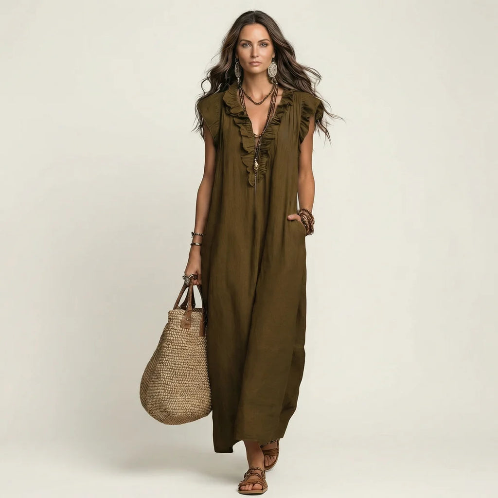 # Josette | Abito Maxi in Lino con Scollo a V e Volant