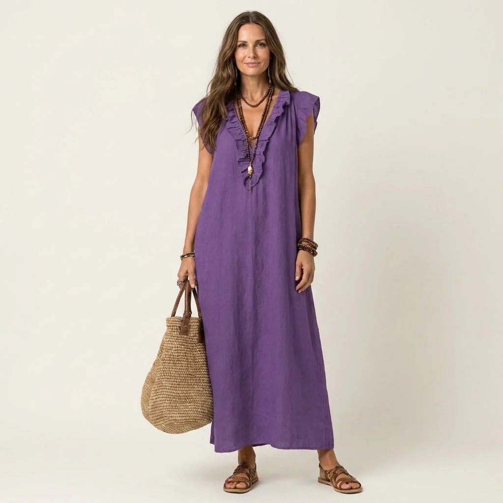 # Josette | Abito Maxi in Lino con Scollo a V e Volant