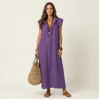 # Josette | Abito Maxi in Lino con Scollo a V e Volant