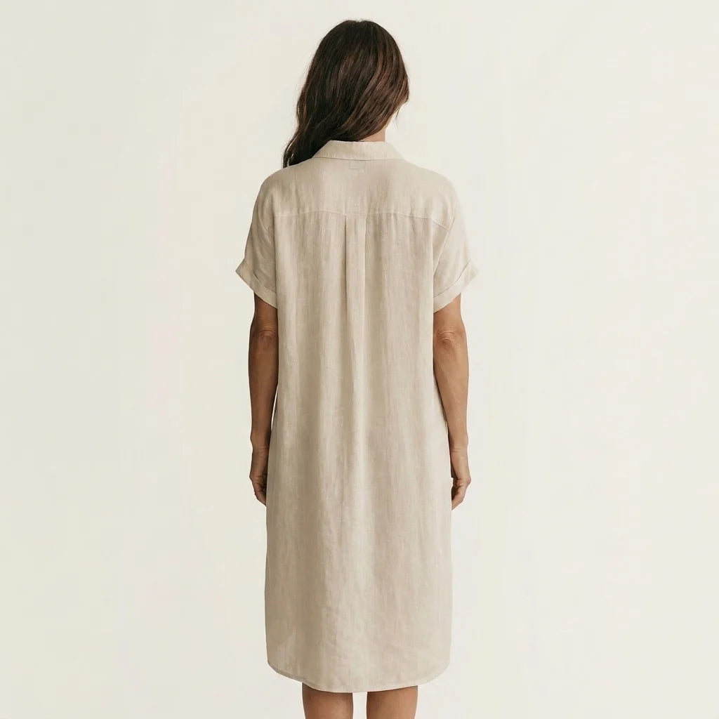 Nidalie | Abito Chemisier Midi in Cotone e Lino con Maniche Risvoltate