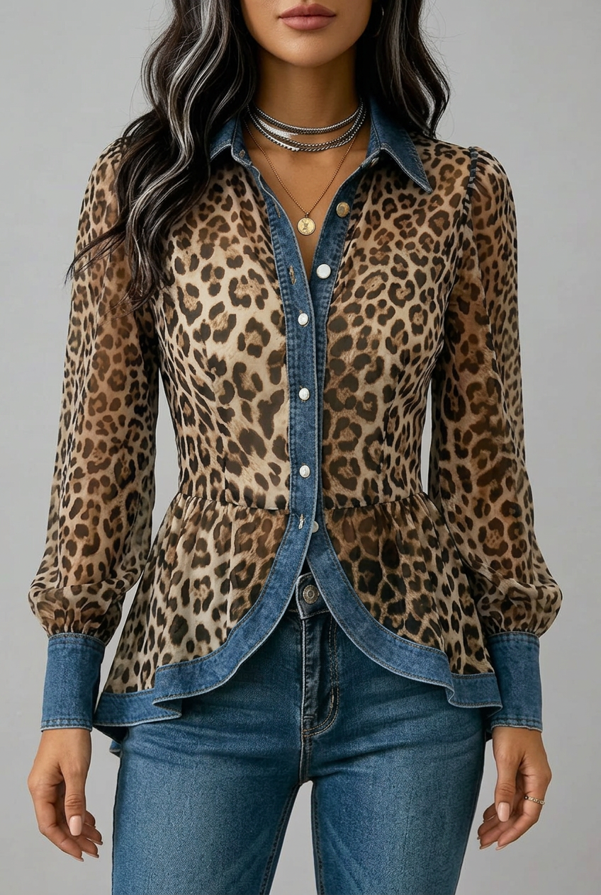 Fablenne™ | Giacca lunga con pannelli in denim a contrasto e stampa leopardata