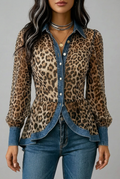 Fablenne™ | Giacca lunga con pannelli in denim a contrasto e stampa leopardata