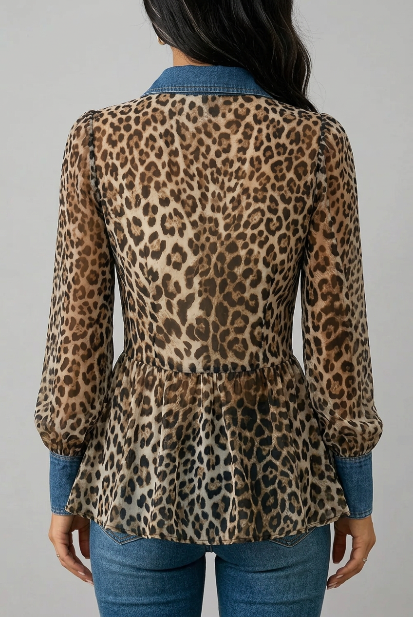 Fablenne™ | Giacca lunga con pannelli in denim a contrasto e stampa leopardata