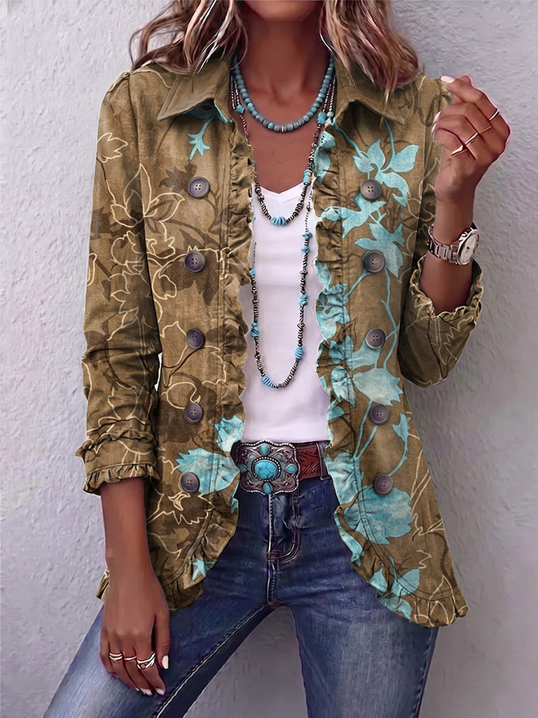 Sundara™ | Giacca boho con volant a gradiente, motivo floreale vintage