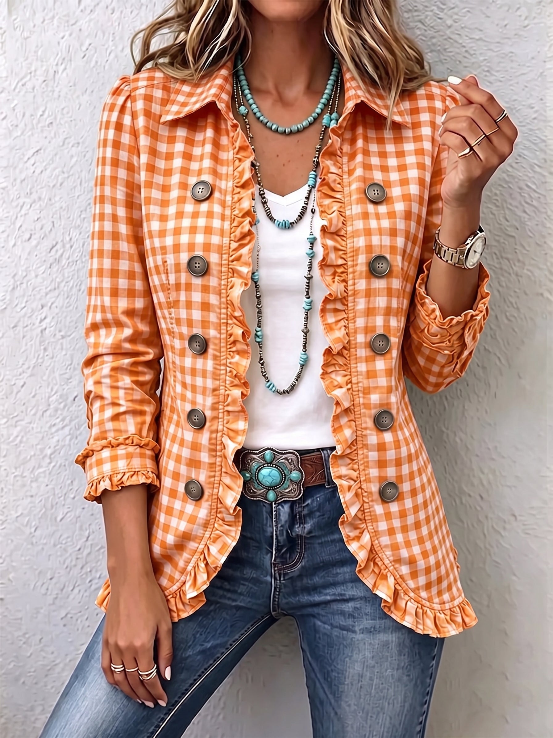 Charlene™ | Giacca a quadri gingham con volant e chiusura a bottoni