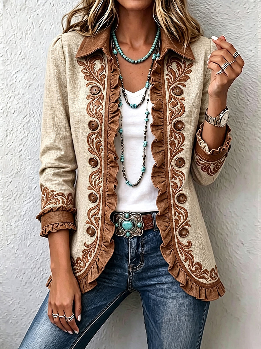 Dawncroft™ | Giacca vintage bohemiana floreale con volant