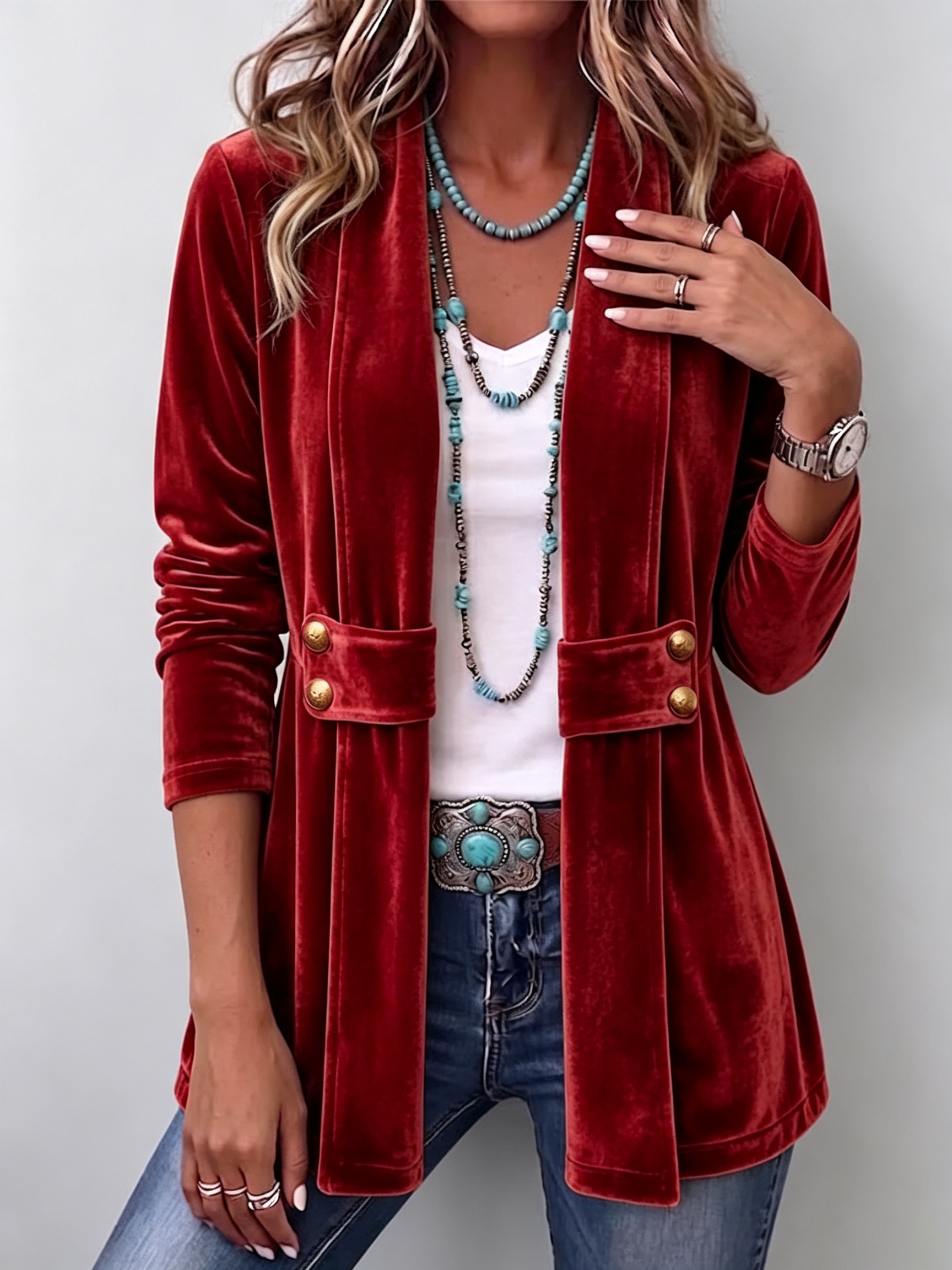 Holliwell™ | Giacca vintage con revers, dettaglio a bottoni, maniche lunghe, apertura frontale