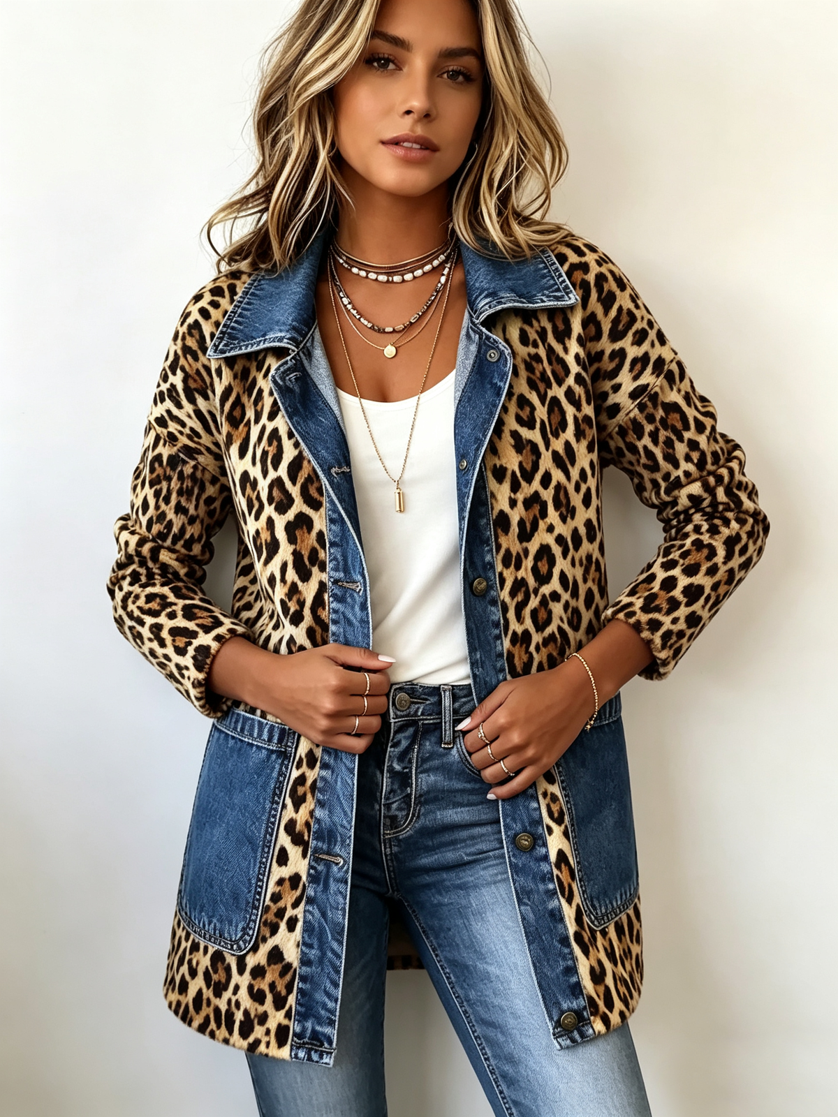 Fablenne | Giacca Lunga Leopardo con Inserti in Denim