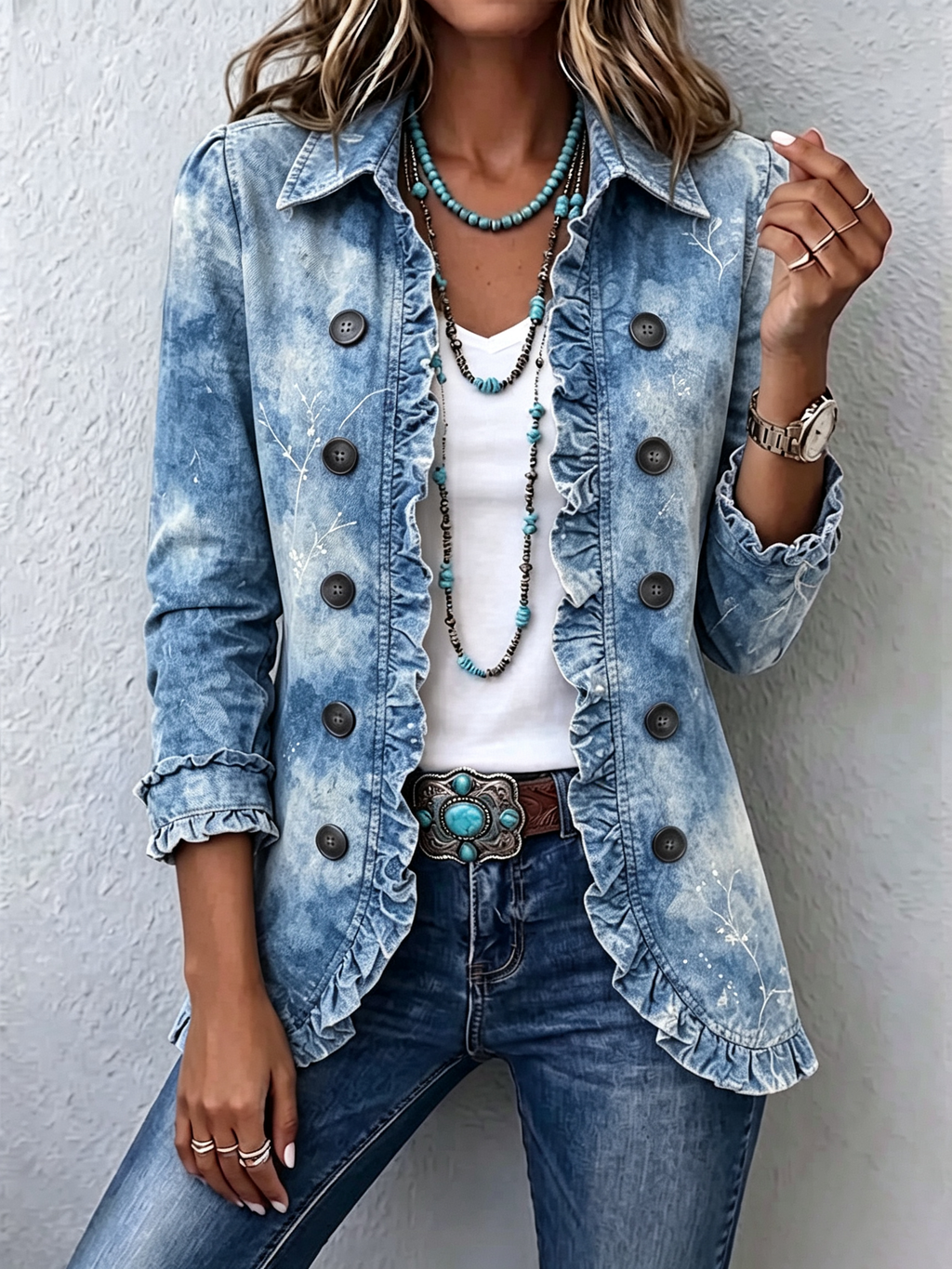 Jemison™ | Giacca in stile boho con stampa botanica vintage a gradiente e dettagli a volant