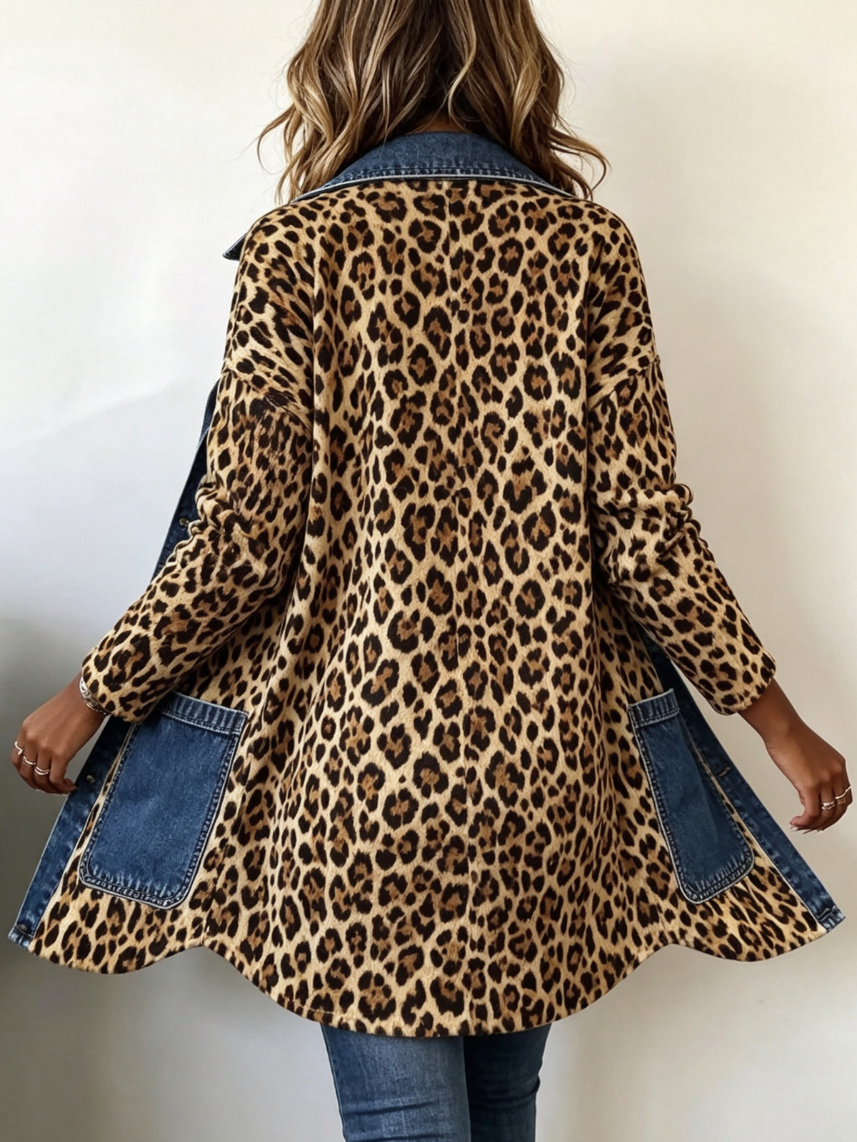 Fablenne | Giacca Lunga Leopardo con Inserti in Denim