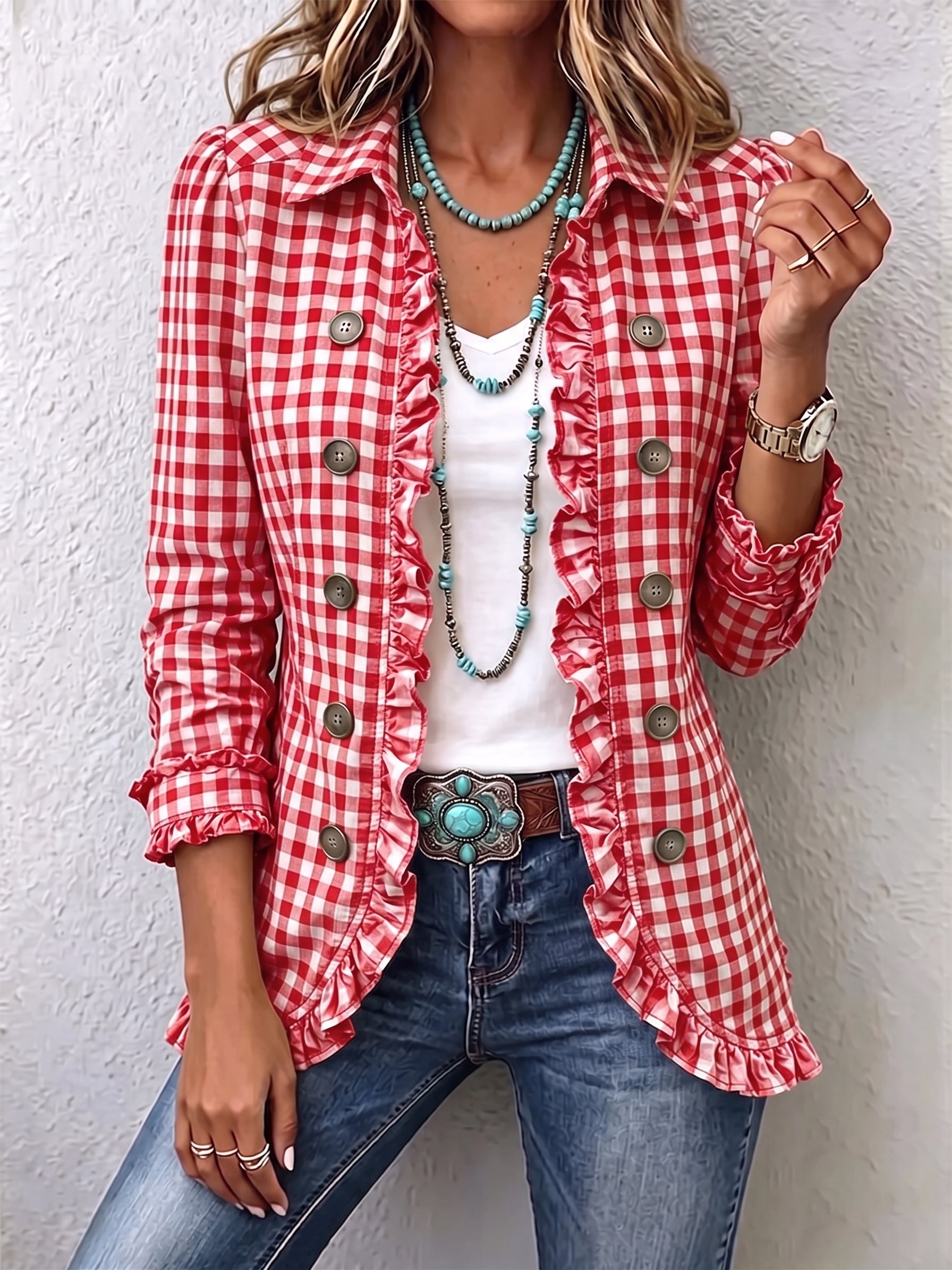 Charlene™ | Giacca a quadri gingham con volant e chiusura a bottoni