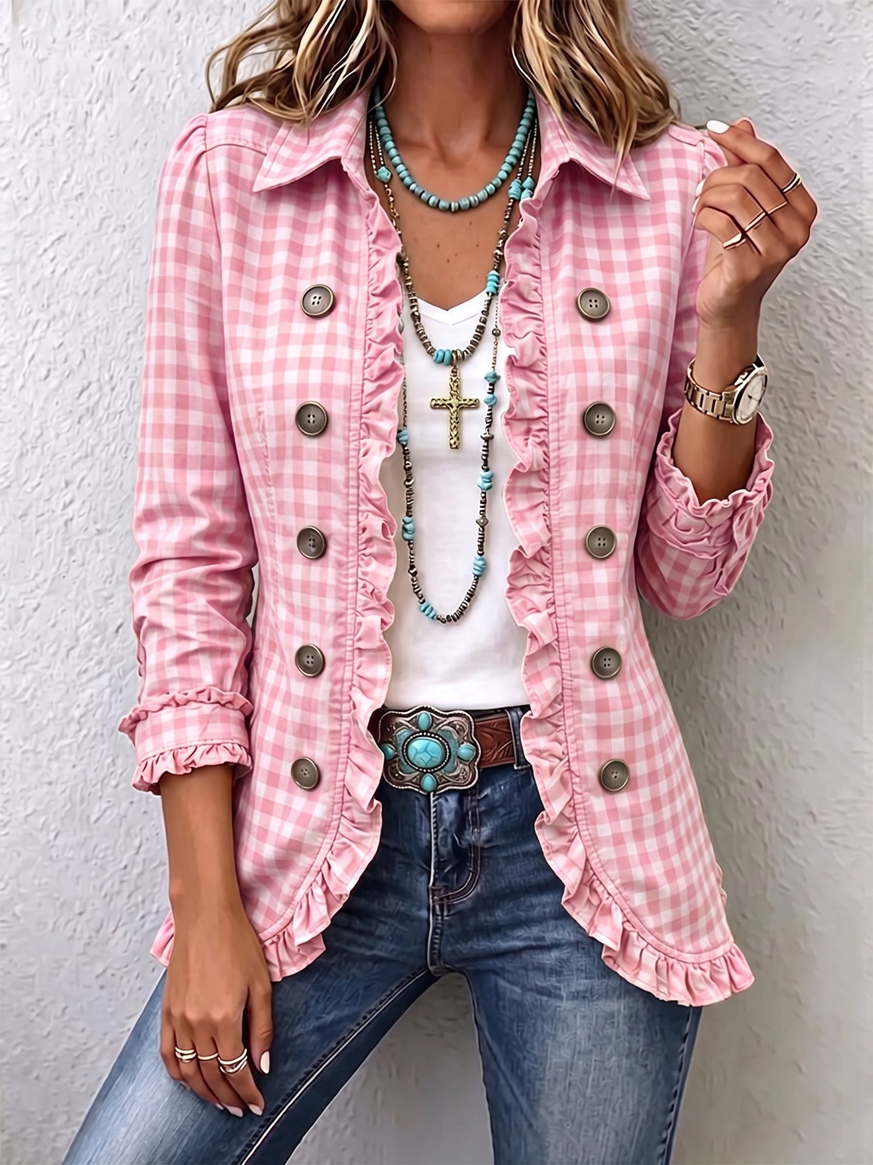 Charlene™ | Giacca a quadri gingham con volant e chiusura a bottoni