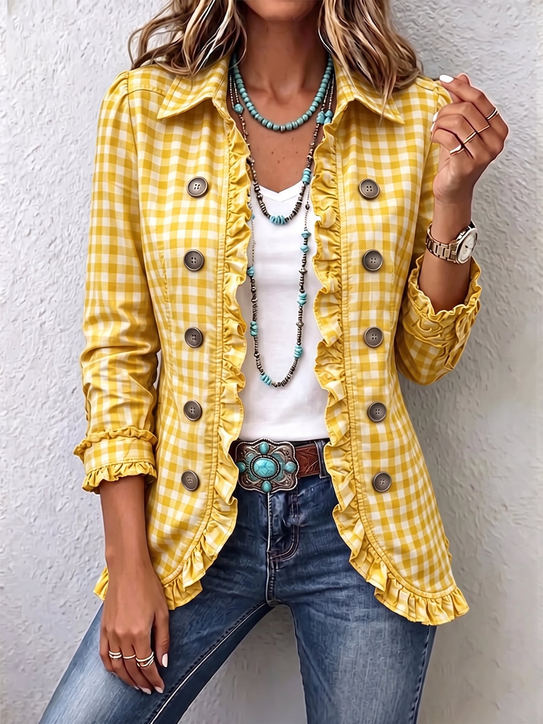 Charlene™ | Giacca a quadri gingham con volant e chiusura a bottoni