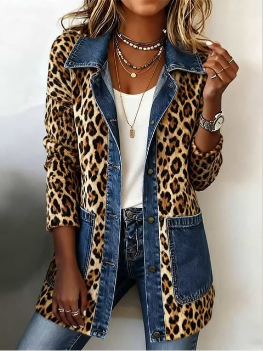 Fablenne | Giacca Lunga Leopardo con Inserti in Denim