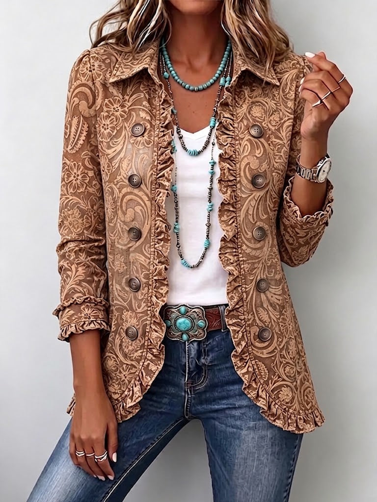 Vyclara™ | Giacca vintage bohemiana con stampa floreale e volant